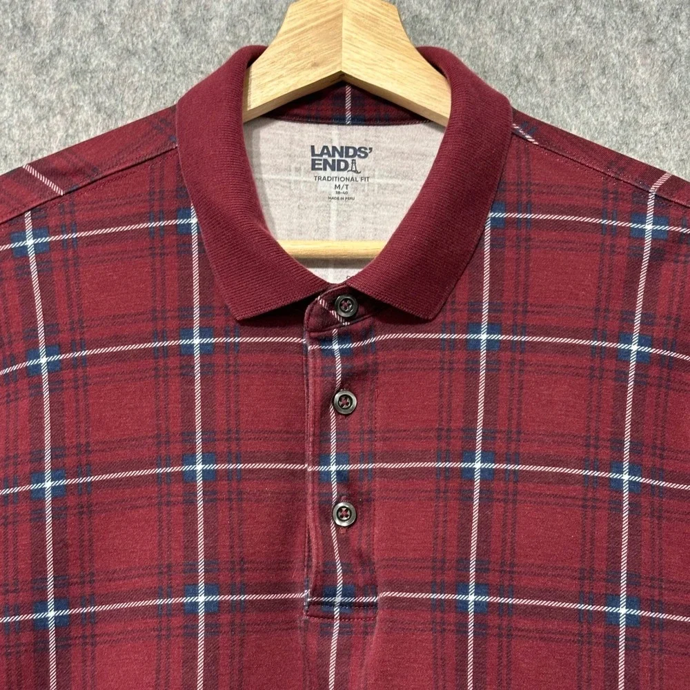 Lands End Mens Medium Tall Traditional Fit Long Sleeve Polo Shirt Plaid Burgundy